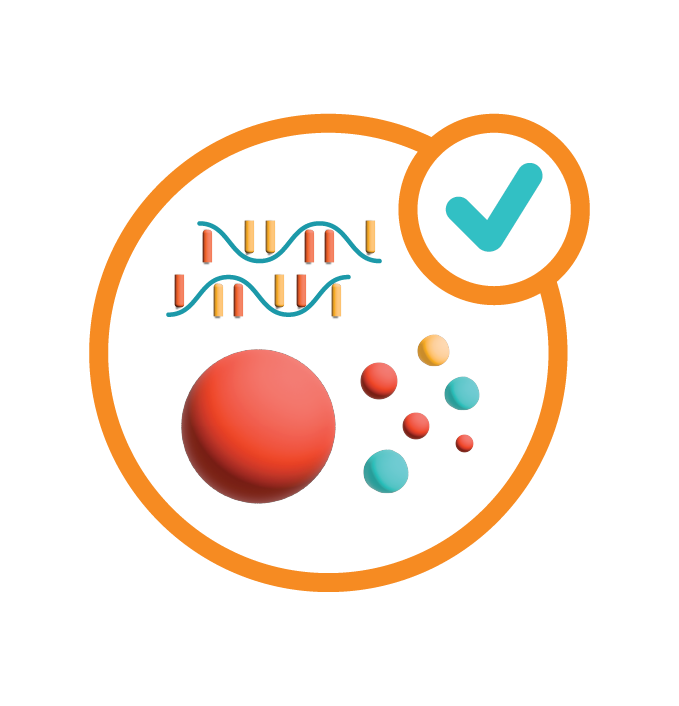 A circular cell icon showing a nucleus with mRNA strands and payload next to it inside the cell A checkmark appears in the top right.