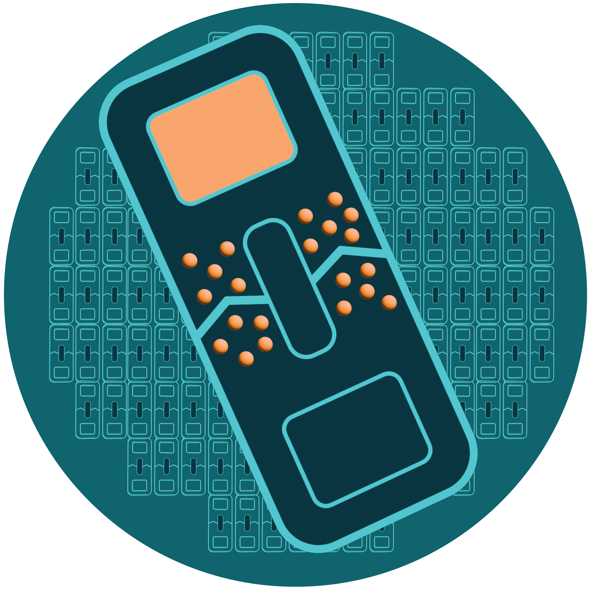 A graphic of a scaled up microfluidic chip with a round wafer full of smaller microfluidic chips in the background.