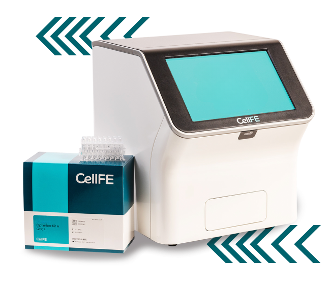 Image of the instrument with a touchscreen. A box and MPA appear to the side of the instrument. The box has a label that reads "Optimizer Kit A"